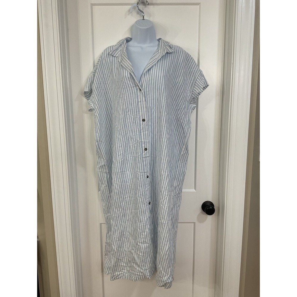 CALLA Women's XXL Blue White Stripe Button Down Maxi Shirt Dress Cover‎ Up